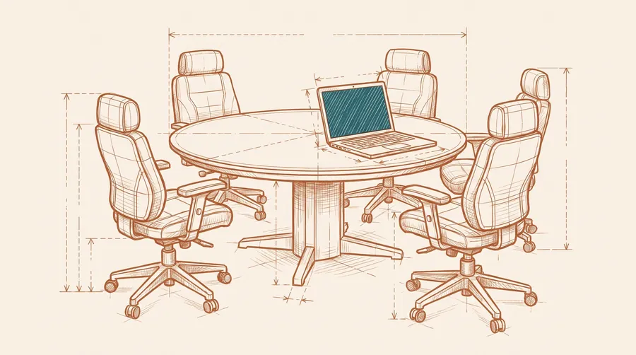 Blueprint drawing of a round table with five chairs