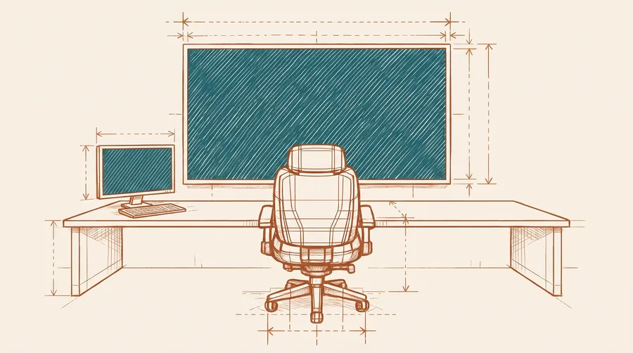 Blueprint drawing of an operator desk facing a large screen